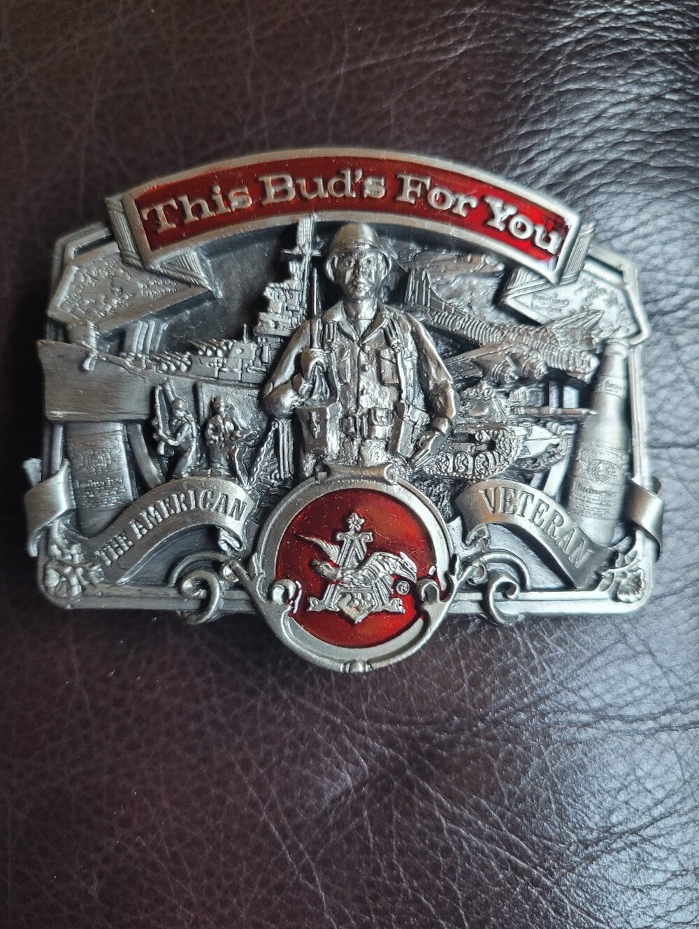 1988 American Veteran Red and Silver Belt Buckle - This Bud's For You